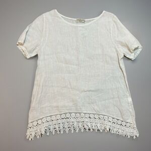 Terzo‎ Millennio Italy Linen Cotton Lace Trim White Top Blouse Small